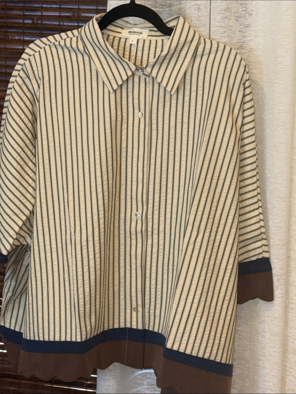 HEIMISH USA Cream Striped Button-Up Top with Navy & Brown Trim